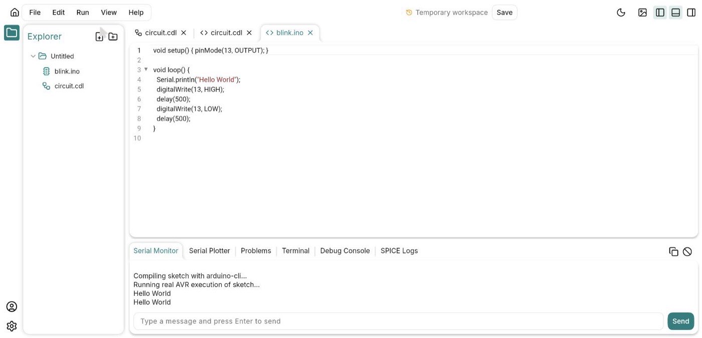 The code editor showing the blink sketch, with the serial monitor below printing repeated Hello World lines from the running simulation.